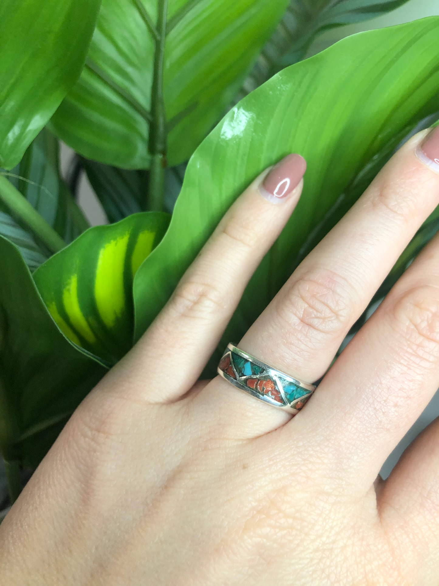 Eternity Sterling Silver Coral and turquoise Chip Inlay Ring