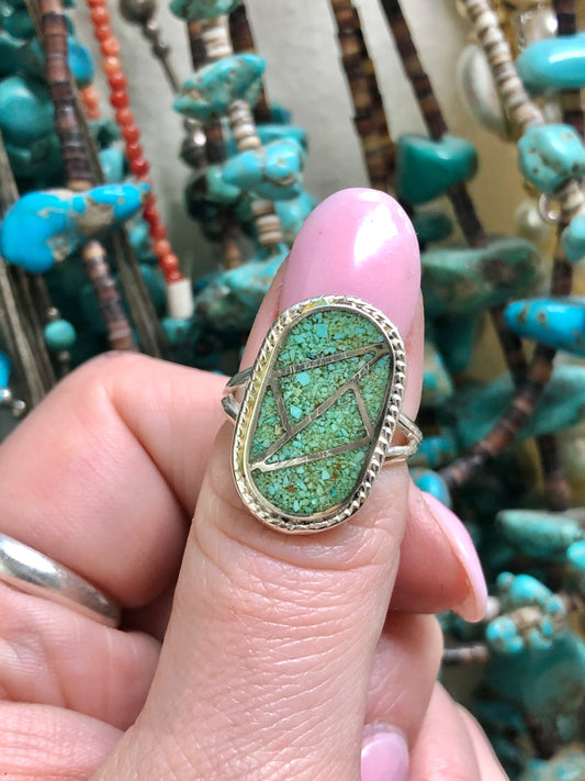 Sterling Silver Green Turquoise Chip inlay Ring