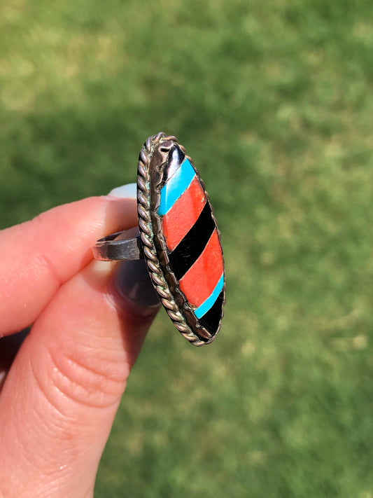 Vintage Sterling Silver Coral Black Onyx and Turquoise Ring
