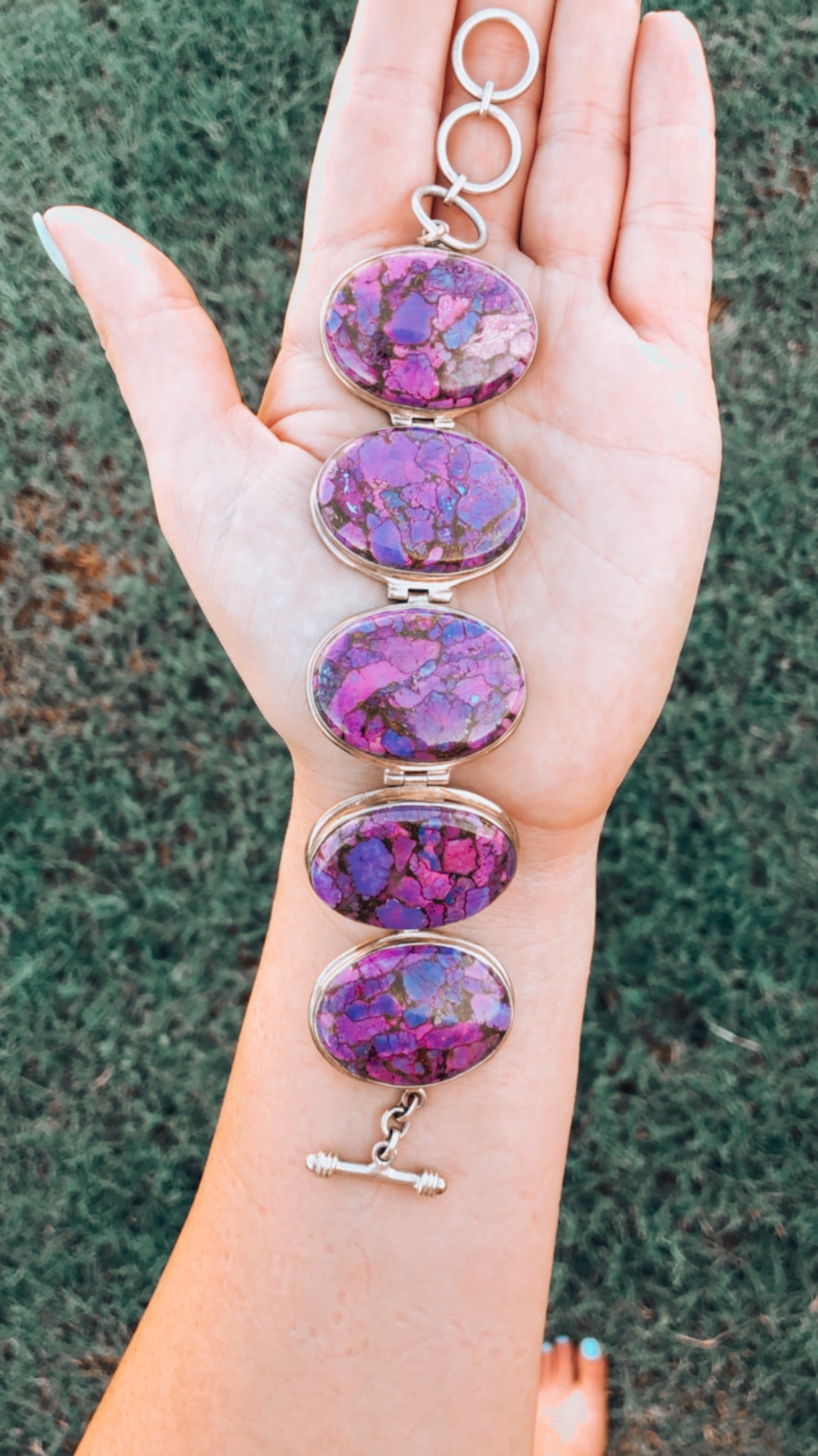 Large Sterling Silver Purple Copper Turquoise Signed Bracelet