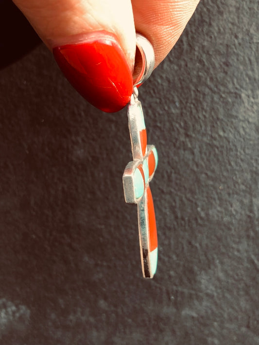 Sterling Turquoise and Coral Cross Pendant