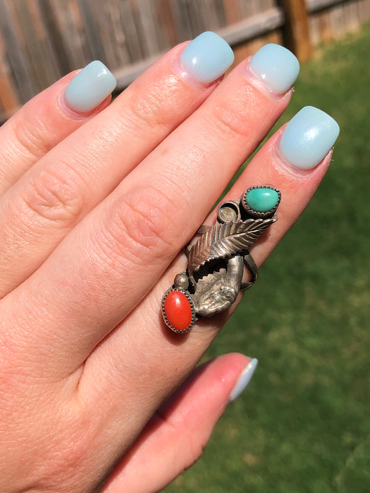 Vintage Handmade Sterling Silver Turquoise and Coral Ring