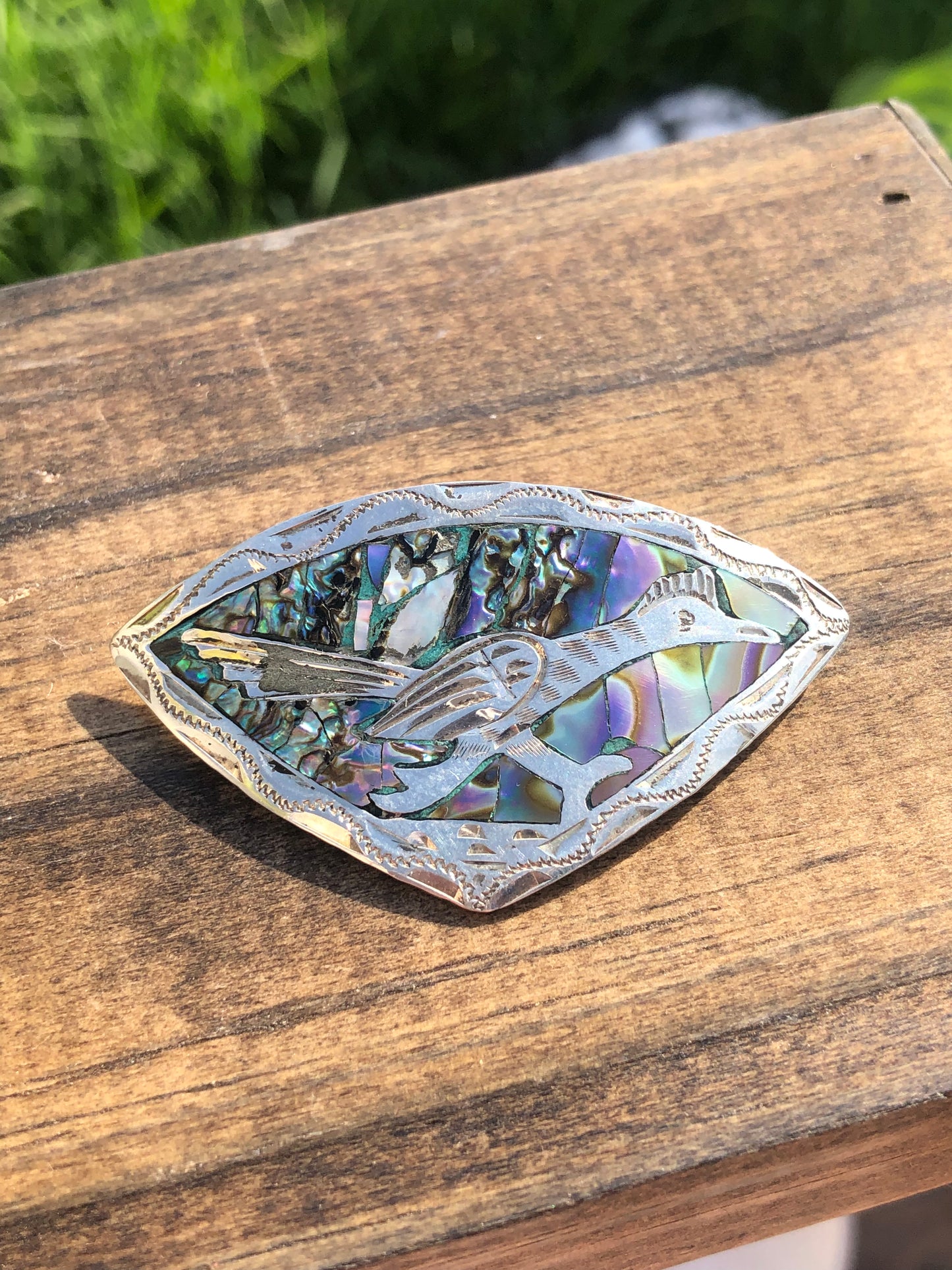 BEAUTIFUL Vintage Sterling Silver Road Runner Abalone Shell Inlay Bolo Signed