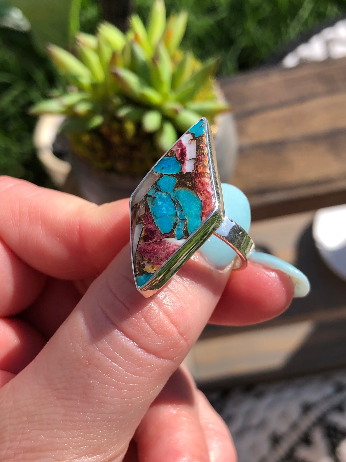 Red Spiny Oyster Turquoise Adjustable Ring