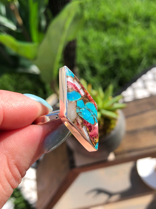 Red Spiny Oyster Turquoise Adjustable Ring