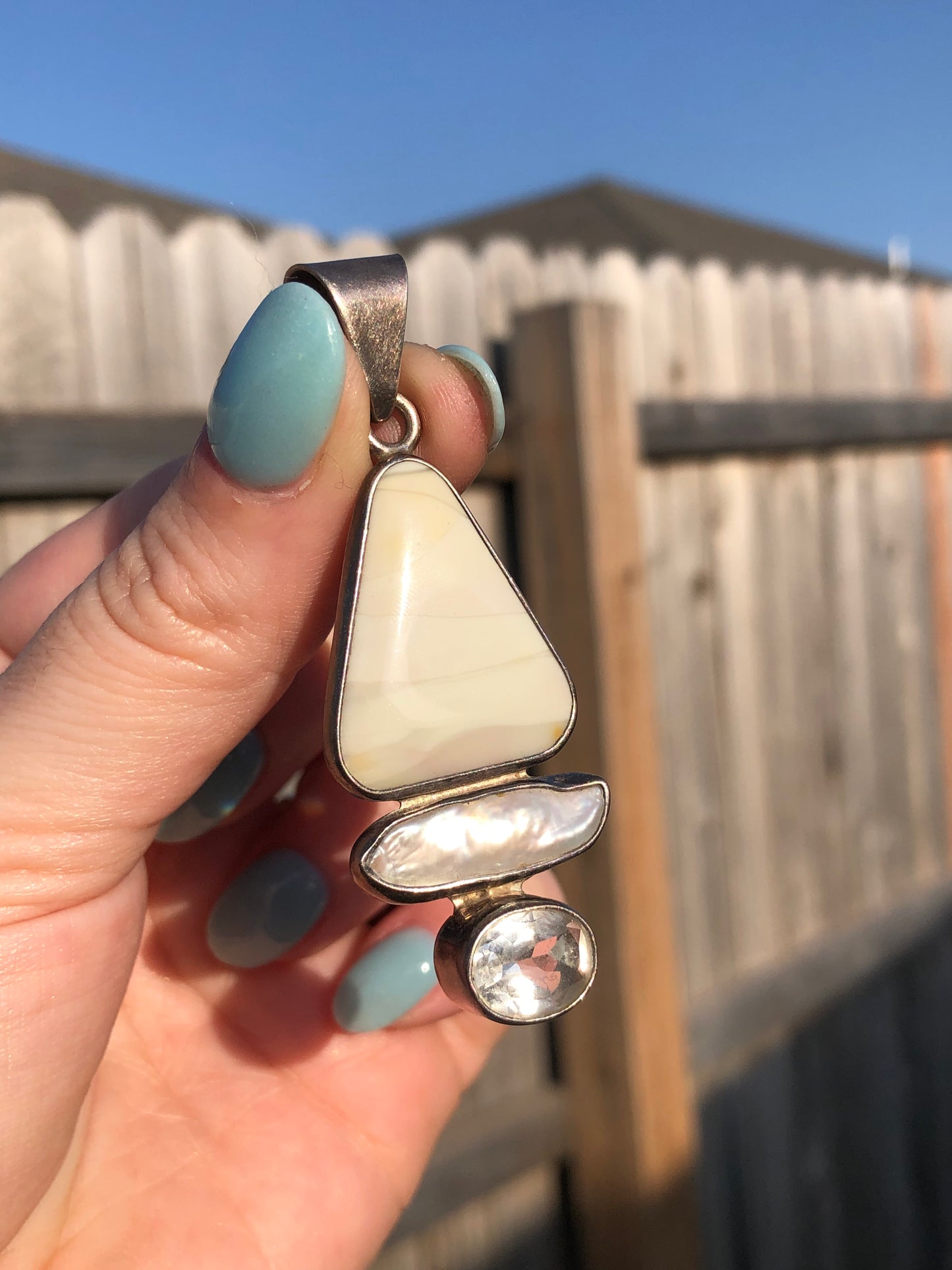 Sterling Silver Mother of Pearl and White Quartz Pendant