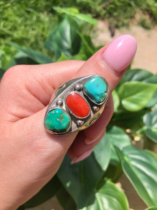 Sterling Coral and Turquoise Ring