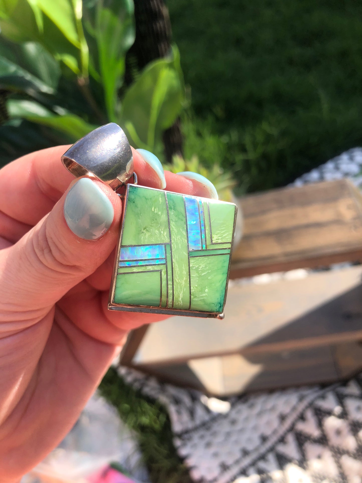 Handmade Signed by Artist Green Opalite Inlay Pendant