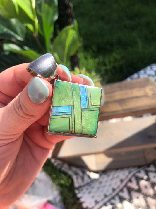 Handmade Signed by Artist Green Opalite Inlay Pendant
