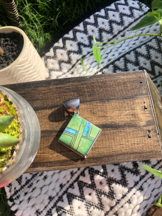 Handmade Signed by Artist Green Opalite Inlay Pendant