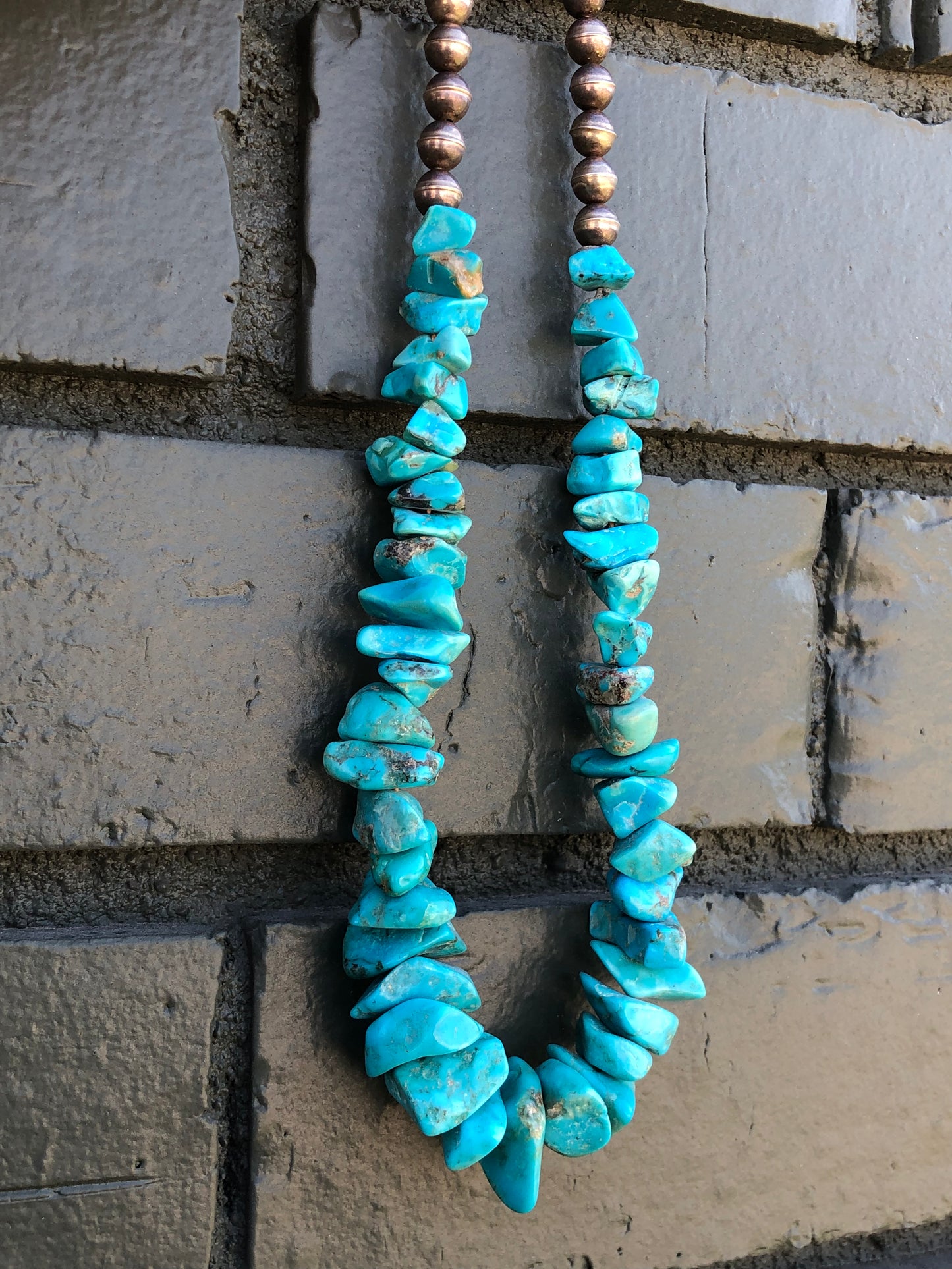 Old Pawn Sterling Navajo Pearl Beads + Raw Turquoise Stone Necklace