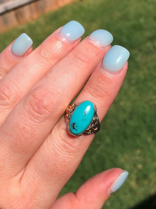 Yellow Gold and Sterling Silver Turquoise Ring