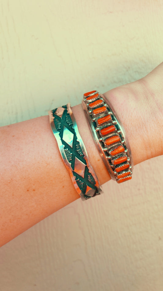 Vintage Coral Sterling Signed Cuff Bracelet