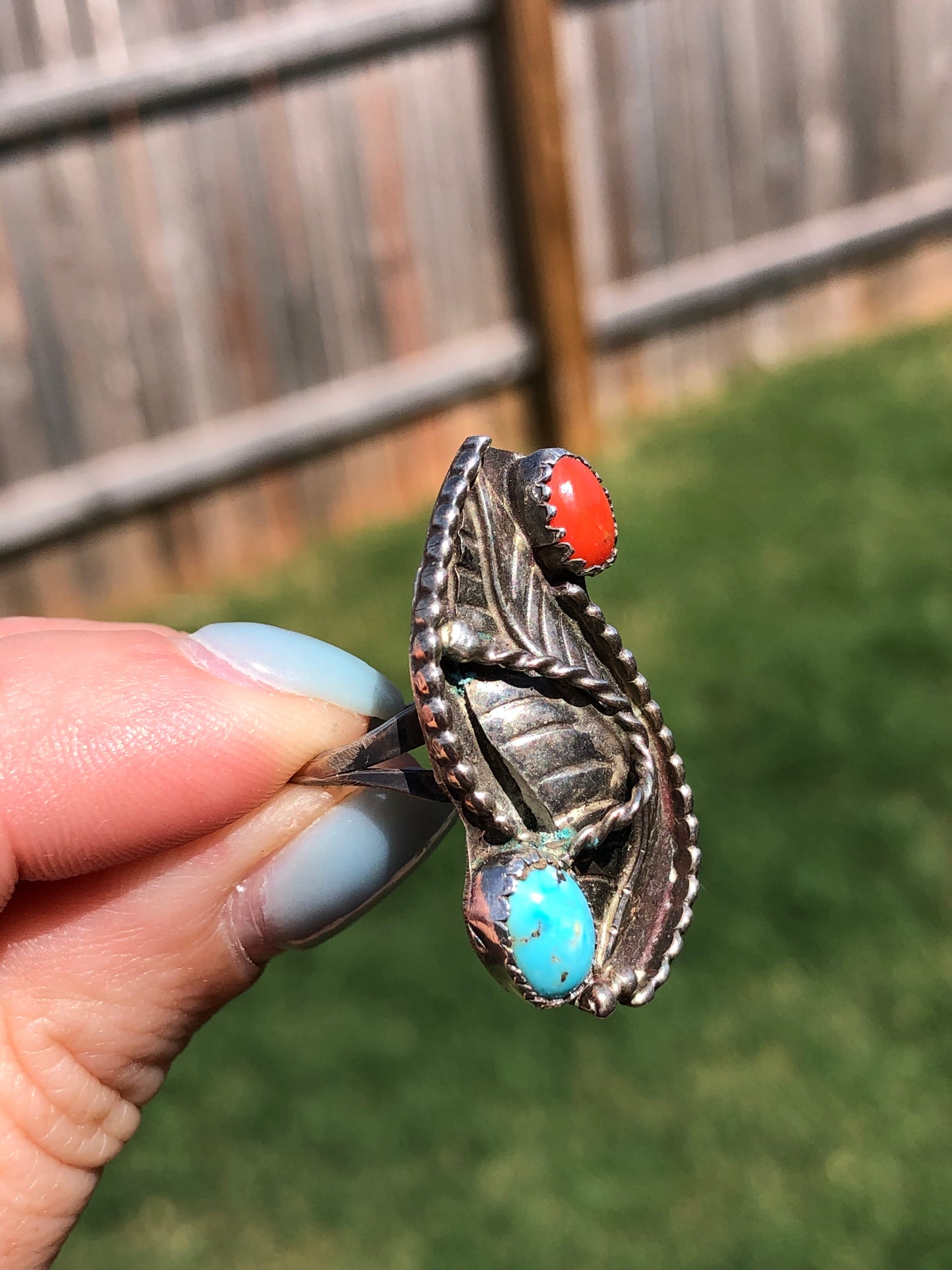 Sterling Silver Turquoise and Coral Navajo Signed by Artist Ring