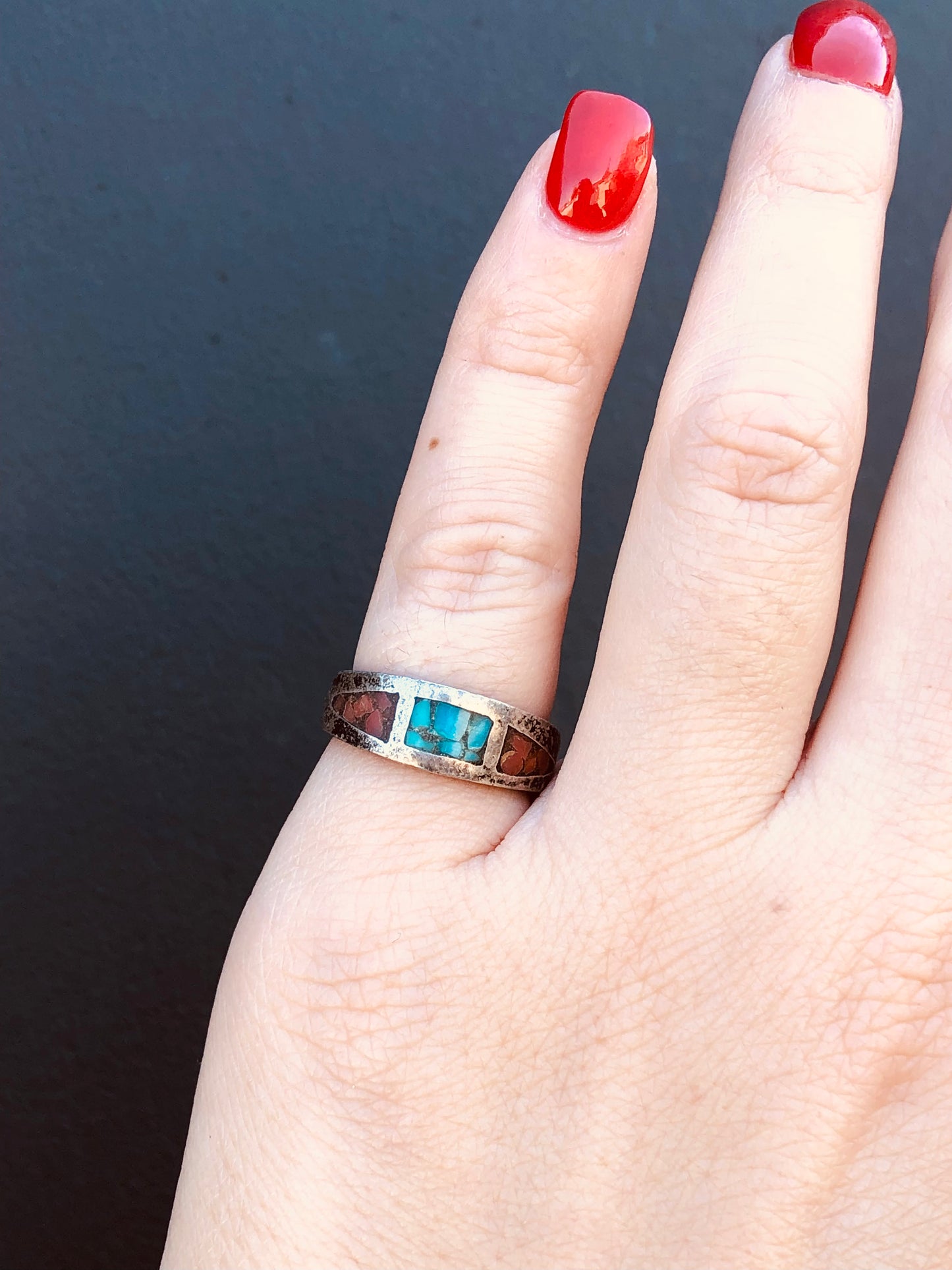 Sterling Turquoise & Coral Inlay Ring