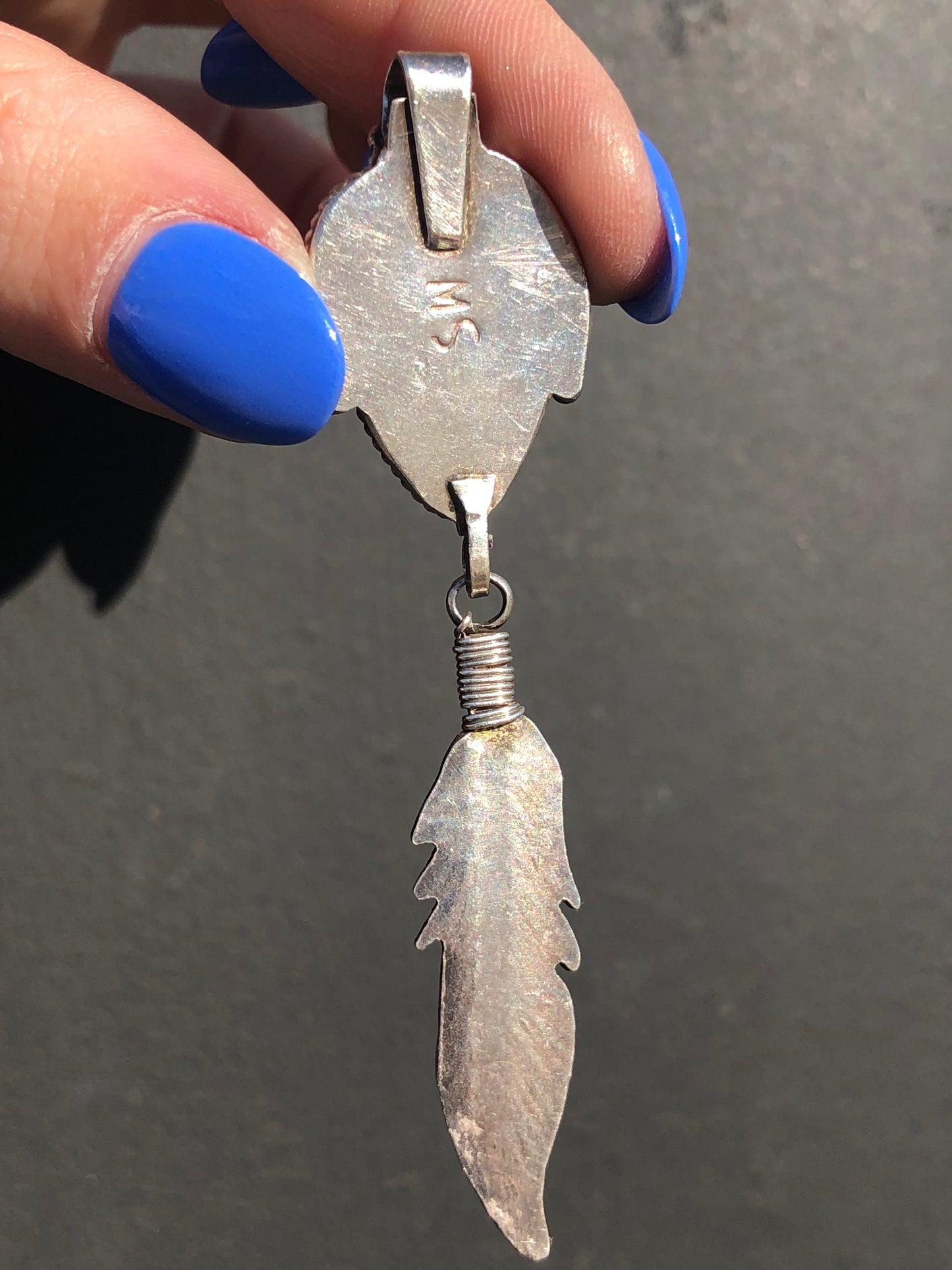 Vintage Sterling Silver Turquoise Arrowhead and Feather Pendant