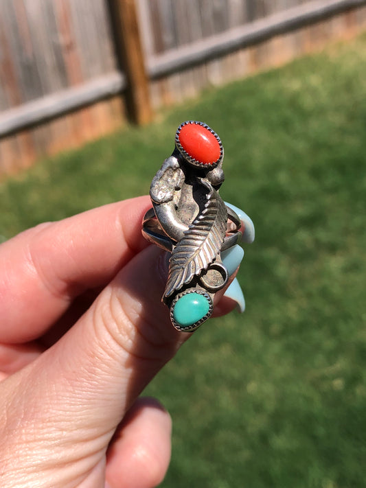 Vintage Handmade Sterling Silver Turquoise and Coral Ring