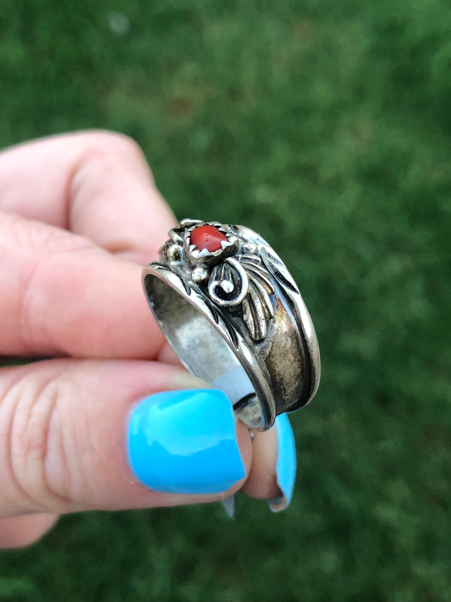 Sterling Silver Coral Signed Ring