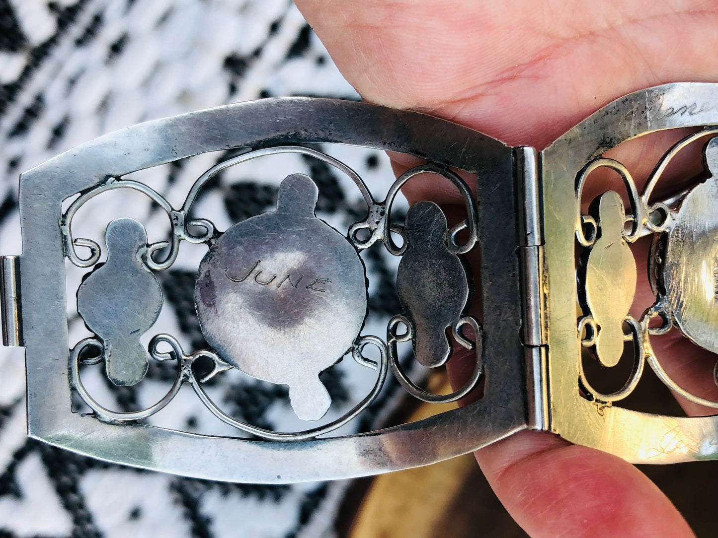 Old Victorian Sterling Silver Abalone Shell and Jade Bracelet Signed