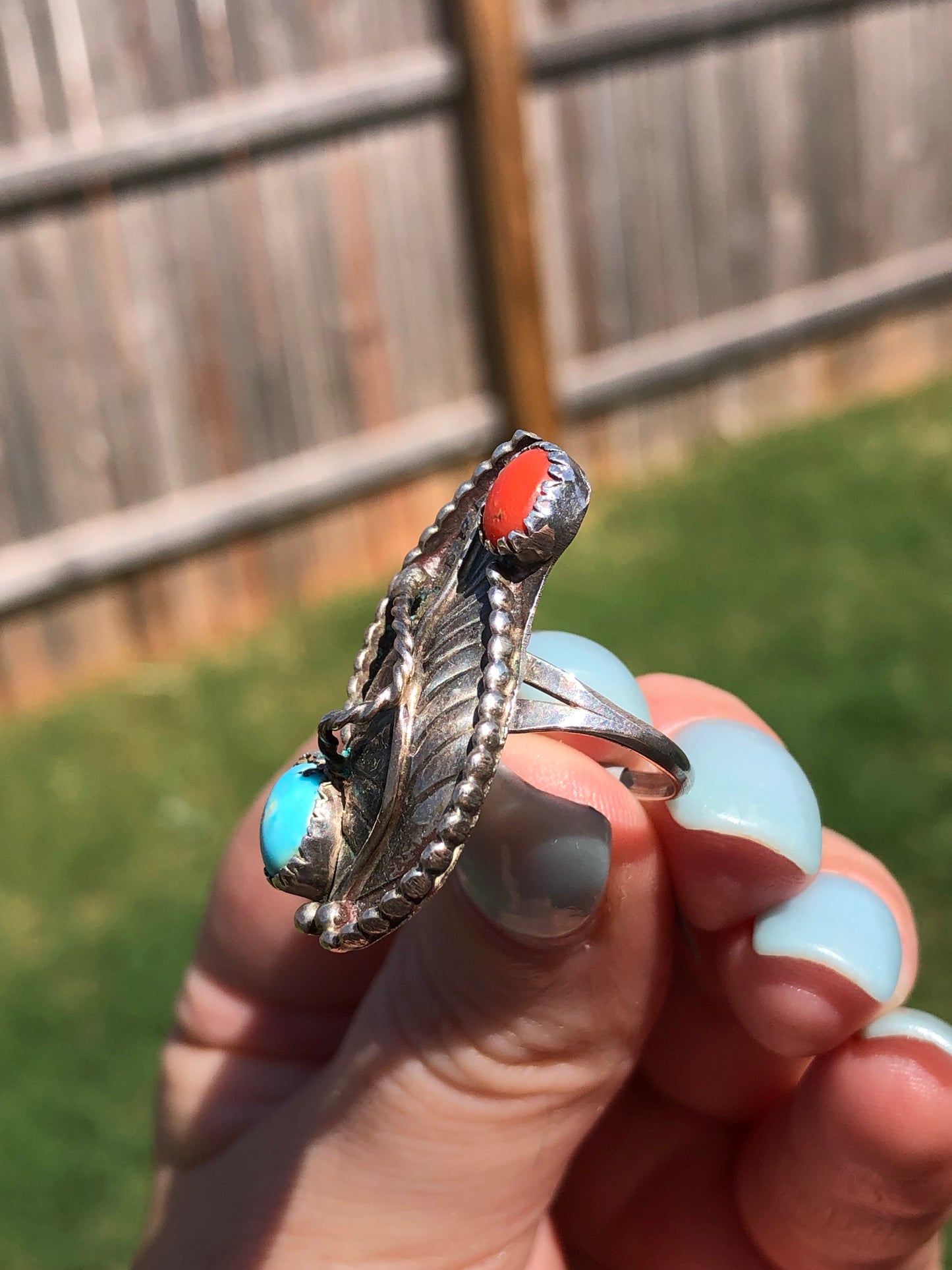 Sterling Silver Turquoise and Coral Navajo Signed by Artist Ring