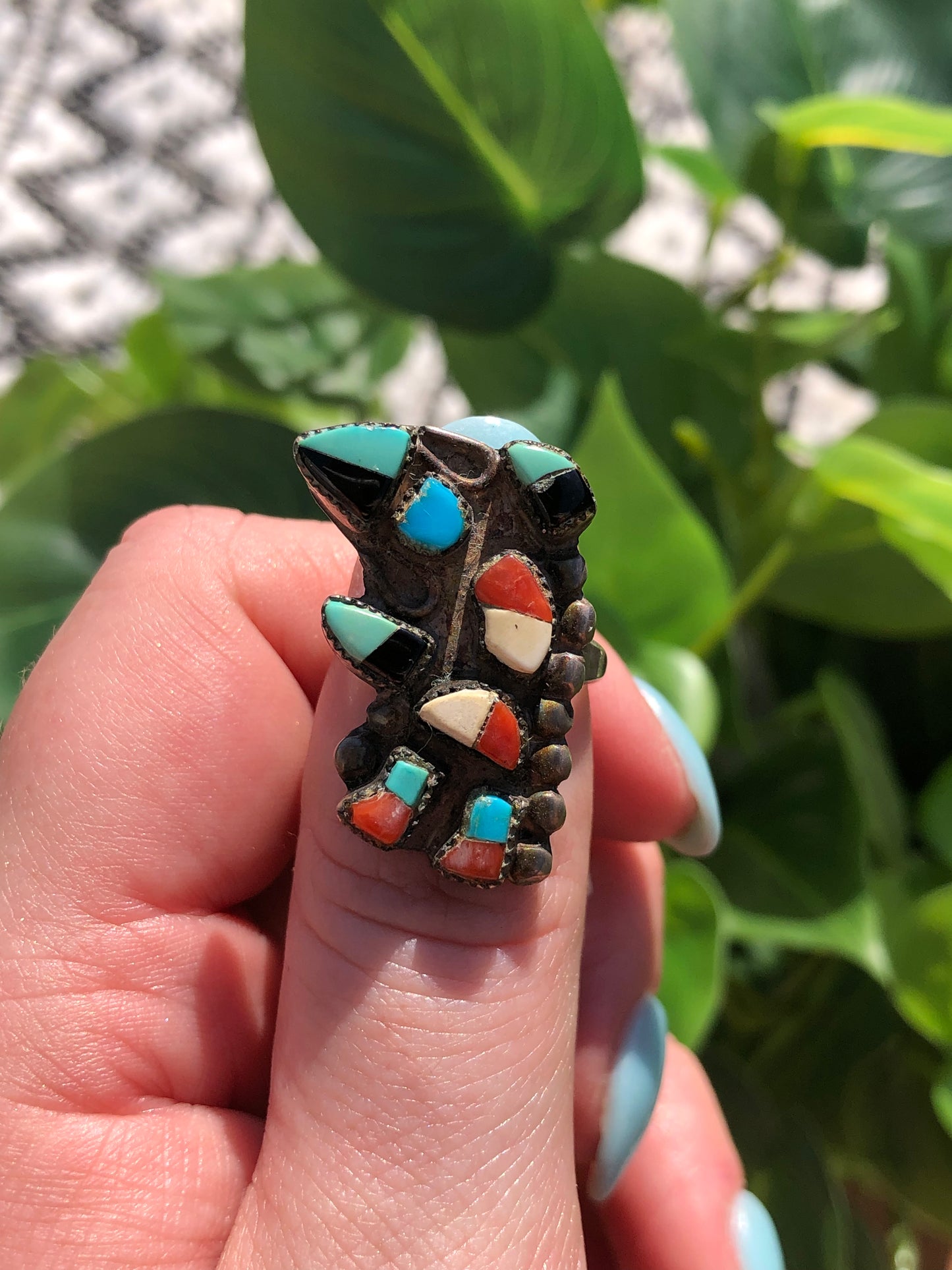 Vintage Sterling Multi-Stone Native American Mosaic Dancer Kachina Ring