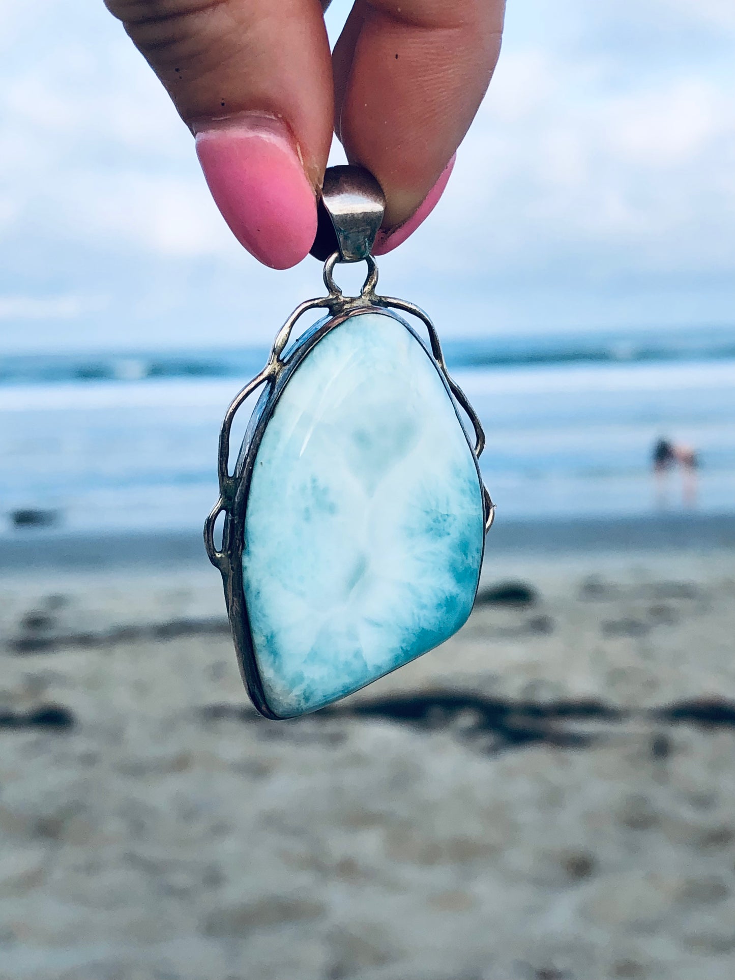 Large Larimar Sterling Blue Agate Pendant