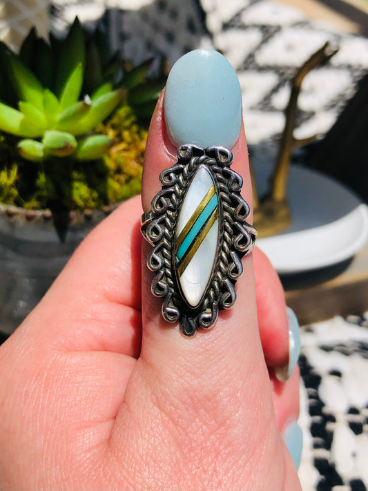 Vintage Sterling Mother of Pearl and Turquoise Ring