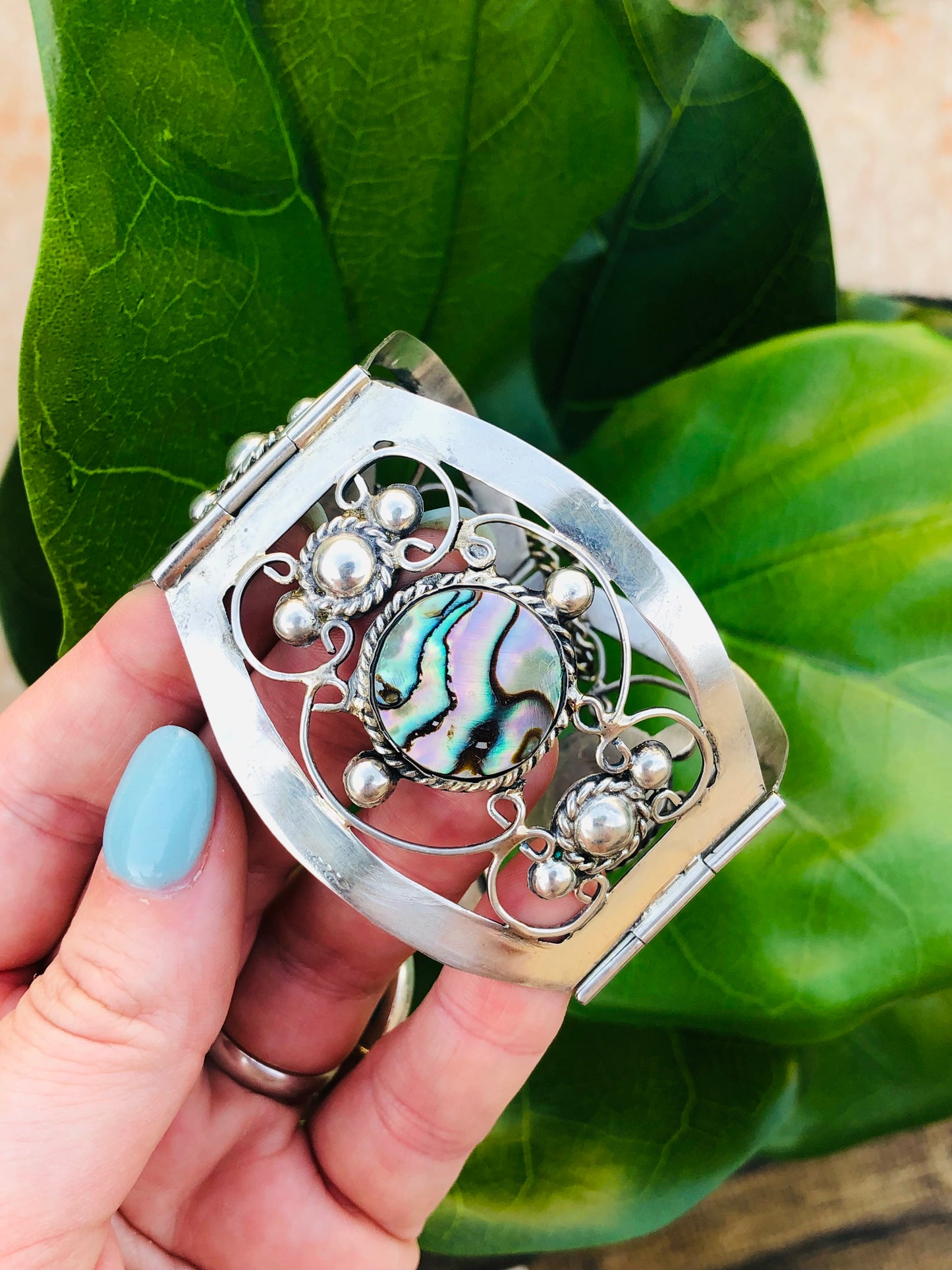 Old Victorian Sterling Silver Abalone Shell and Jade Bracelet Signed