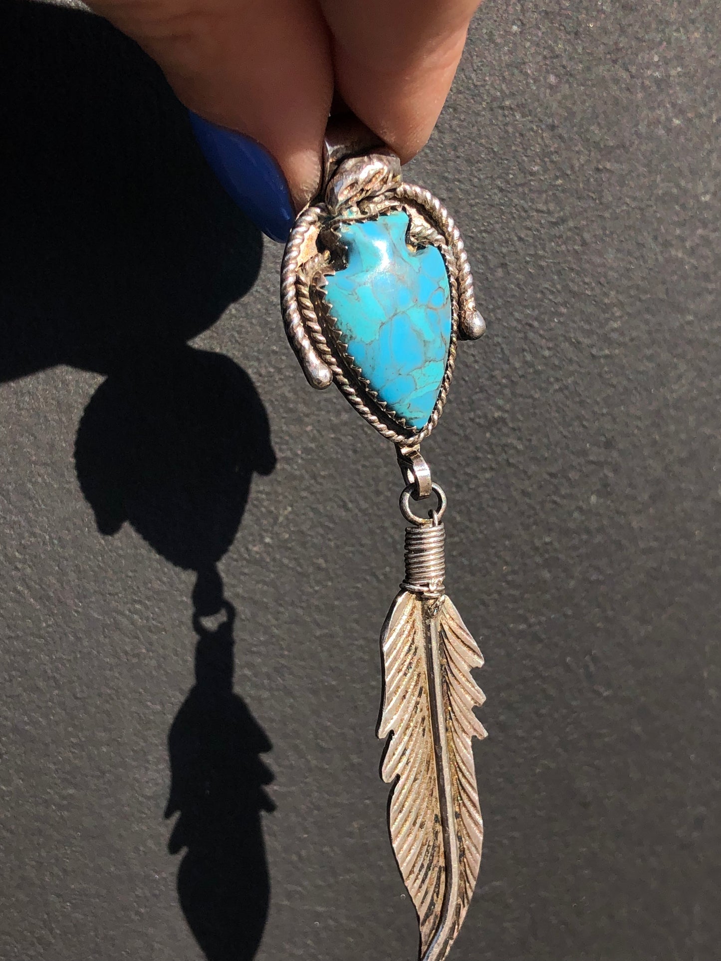 Vintage Sterling Silver Turquoise Arrowhead and Feather Pendant