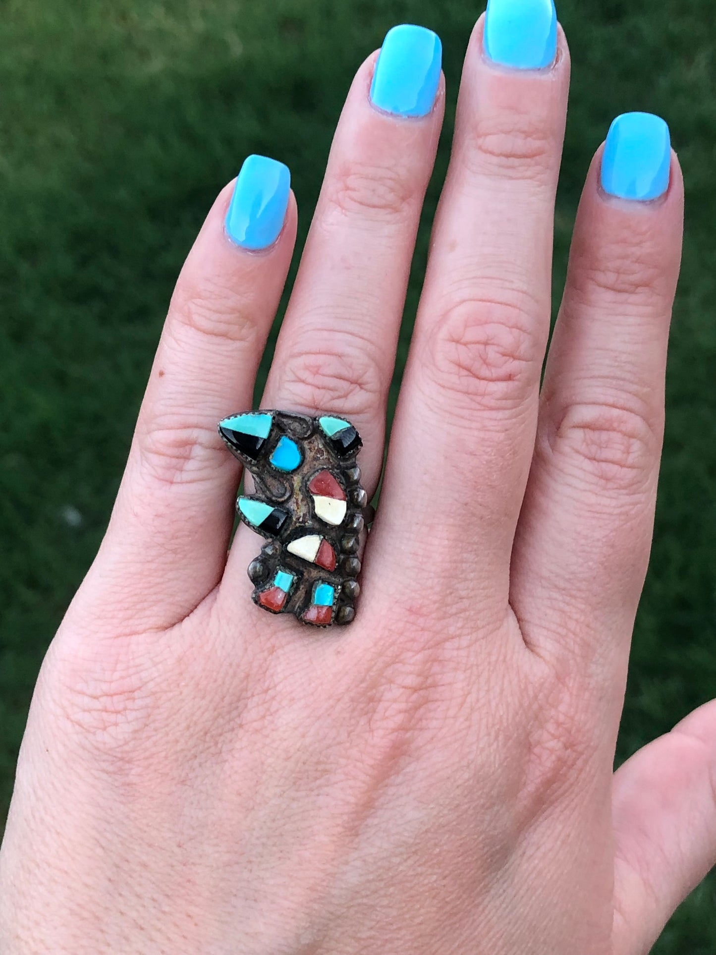 Vintage Sterling Multi-Stone Native American Mosaic Dancer Kachina Ring