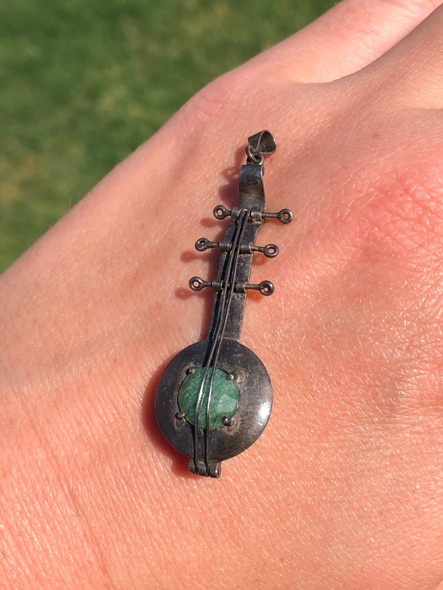 Vintage Sterling Jade Banjo/Guitar Pendant Charm