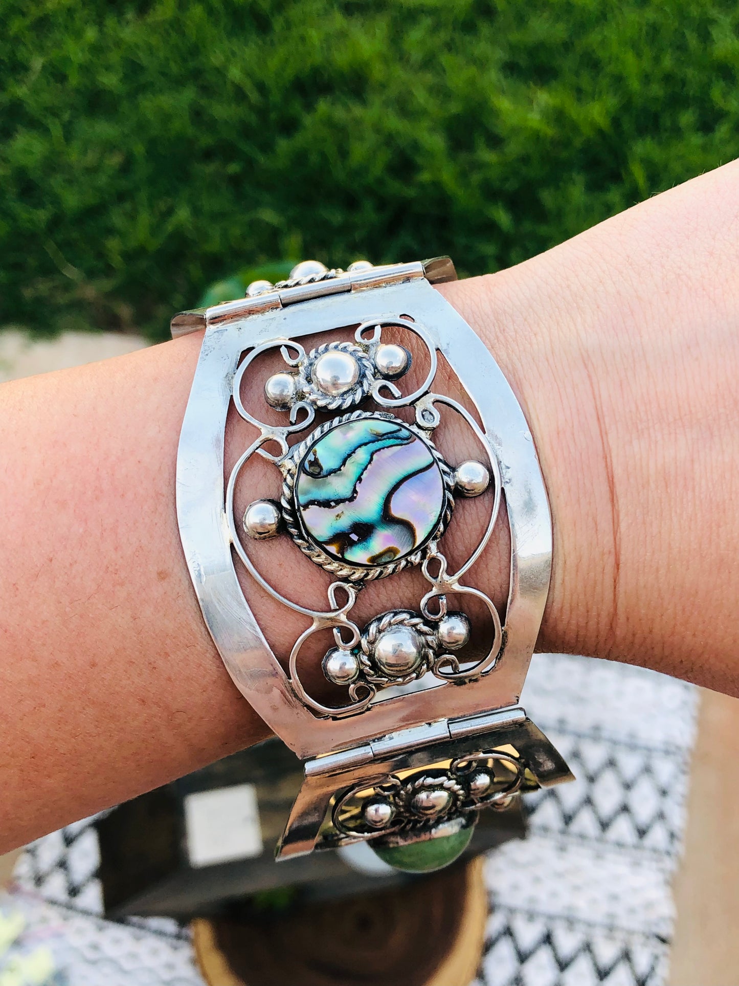 Old Victorian Sterling Silver Abalone Shell and Jade Bracelet Signed