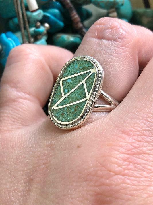 Sterling Silver Green Turquoise Chip inlay Ring