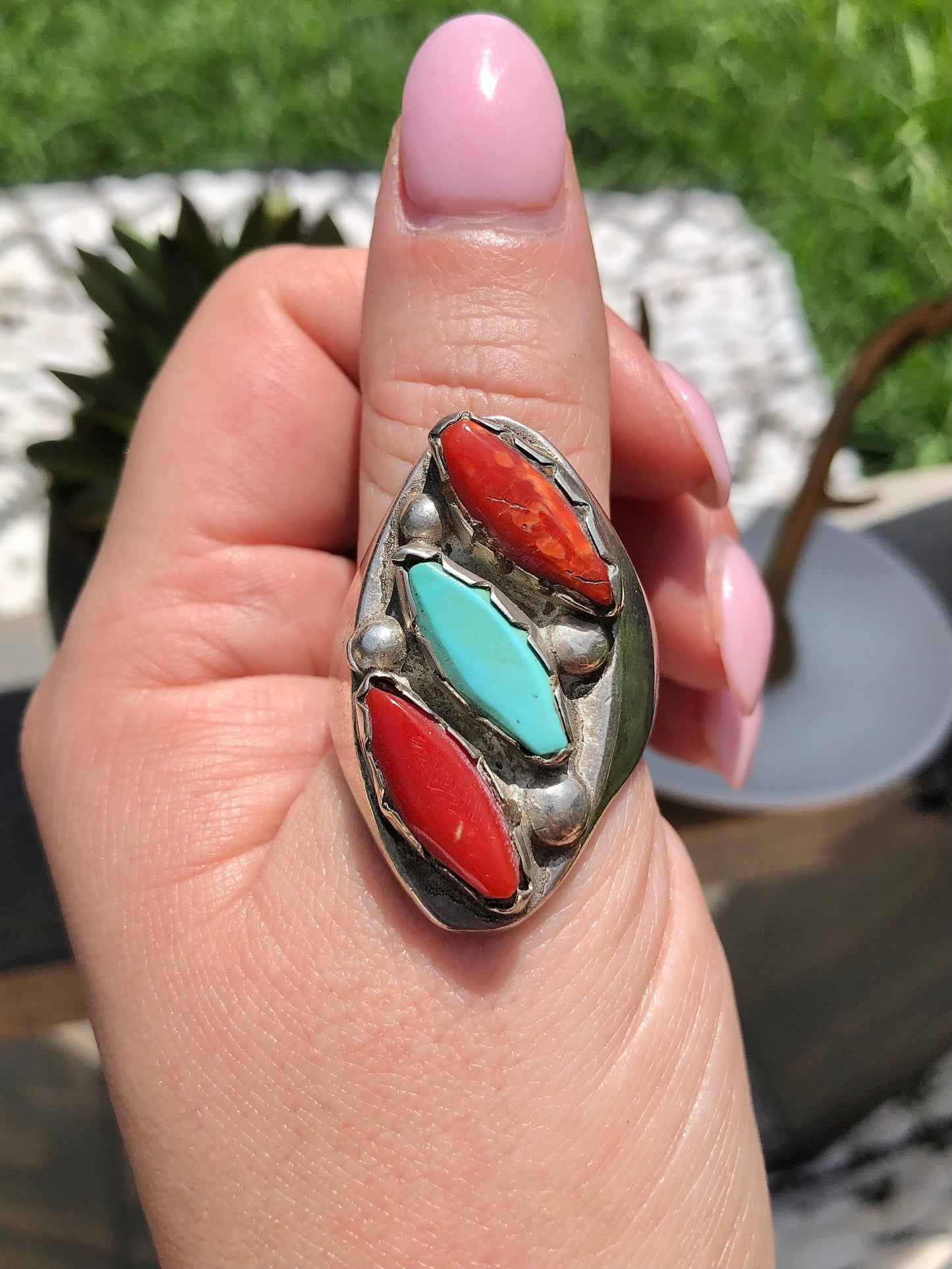 Sterling Coral and Turquoise Ring