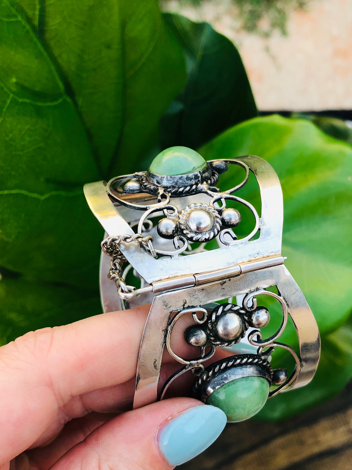 Old Victorian Sterling Silver Abalone Shell and Jade Bracelet Signed