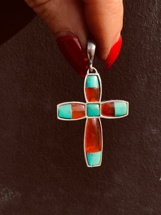 Sterling Turquoise and Coral Cross Pendant