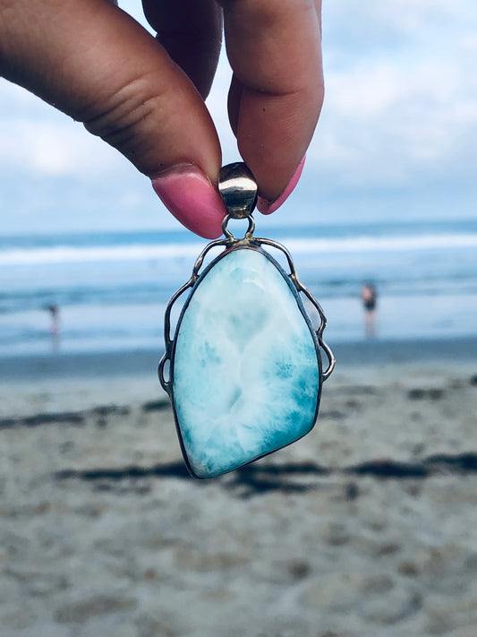 Large Larimar Sterling Blue Agate Pendant