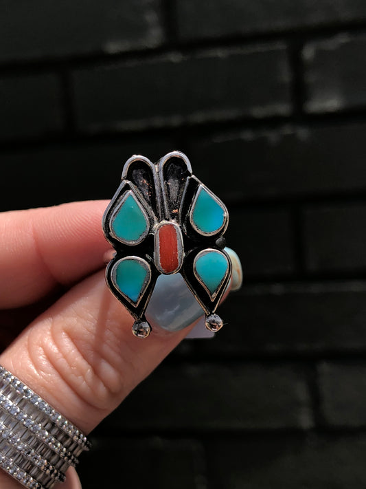 Old Pawn Vintage Sterling Silver Zuni Butterfly Turquoise and Coral Ring