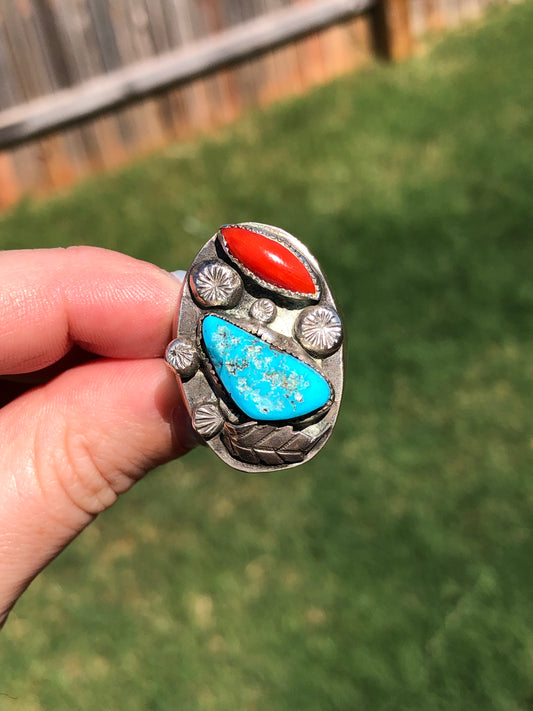 Vintage Sterling Silver Turquoise and Coral Ring