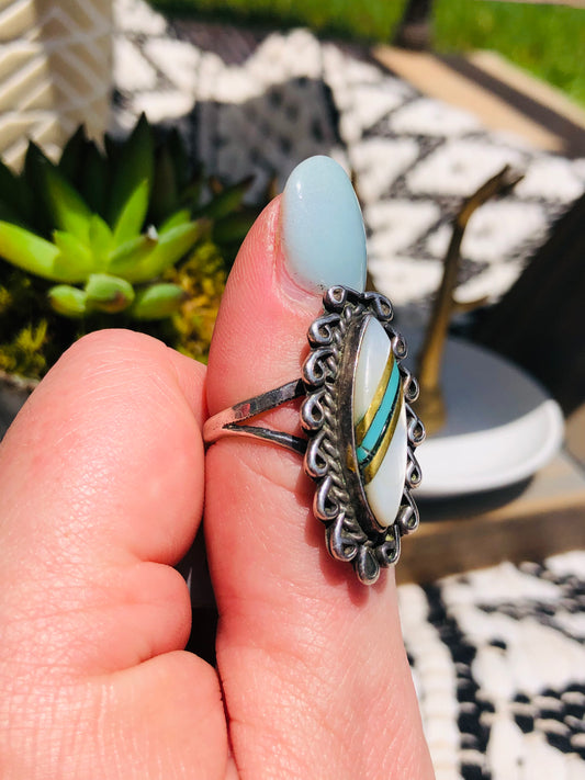 Vintage Sterling Mother of Pearl and Turquoise Ring