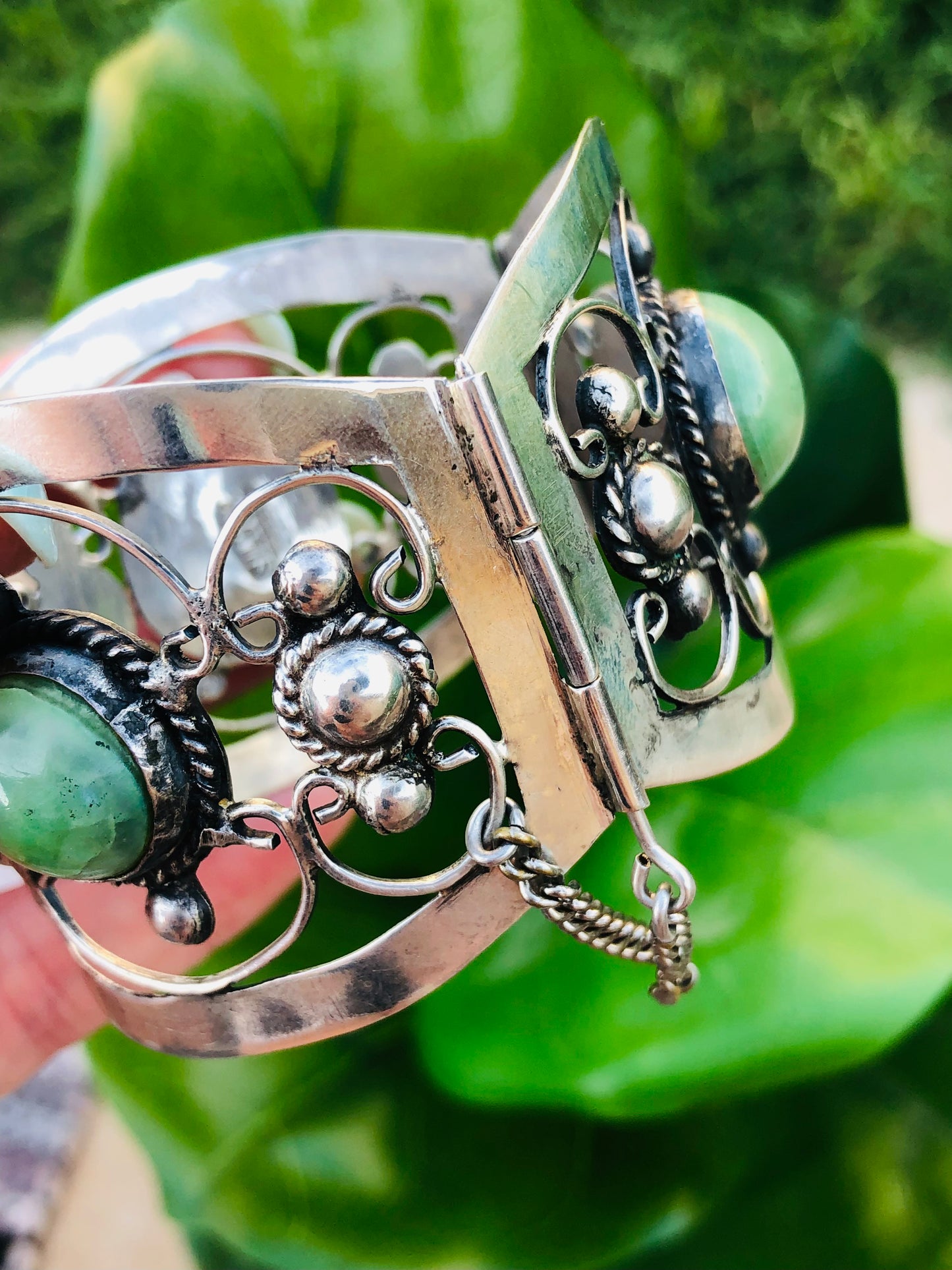 Old Victorian Sterling Silver Abalone Shell and Jade Bracelet Signed