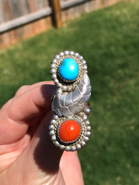 BEAUTIFUL Large Vintage Sterling Silver Turquoise and Coral Ring