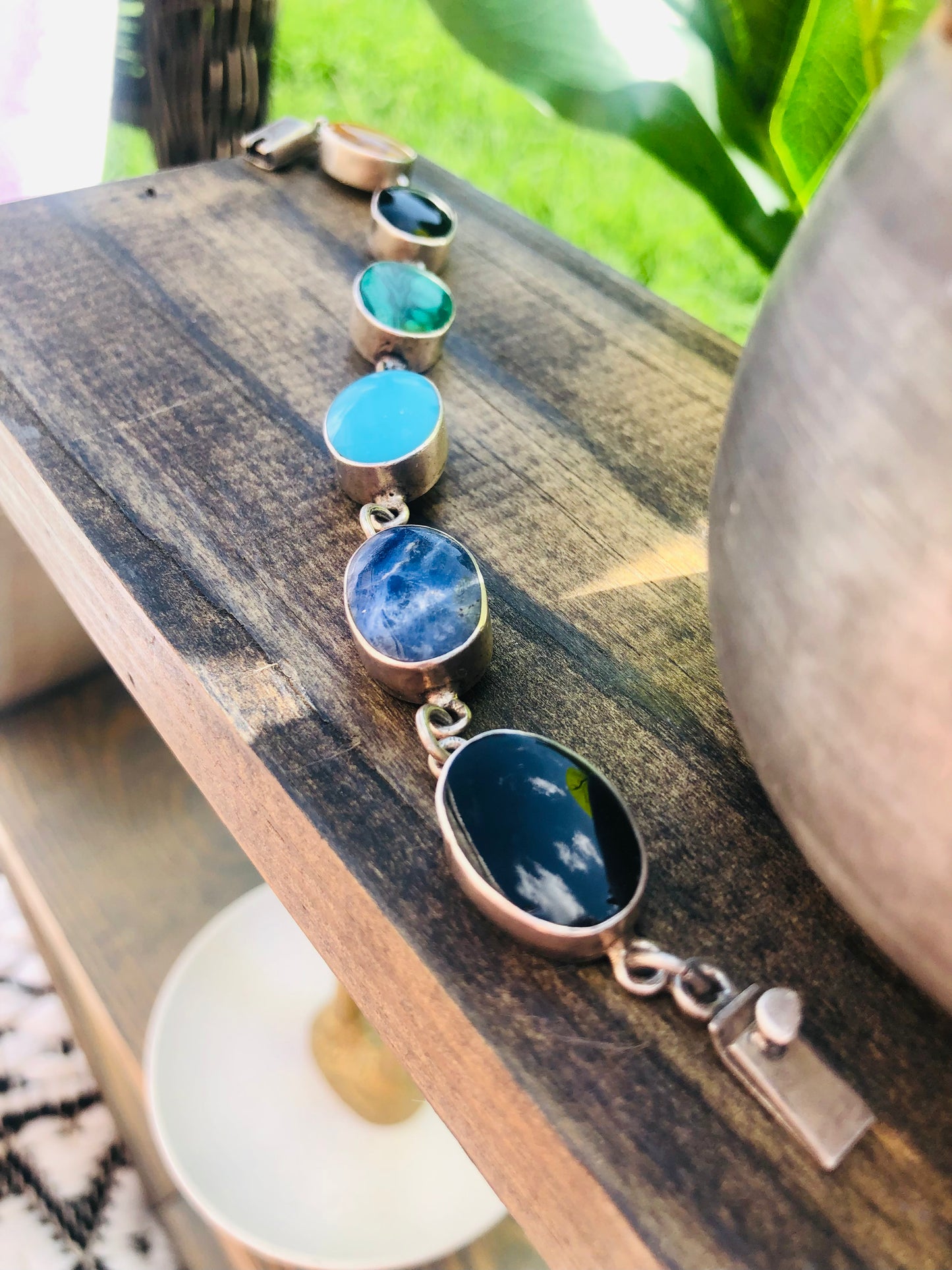 Vintage Sterling Silver Multi-Gemstone Link Bracelet