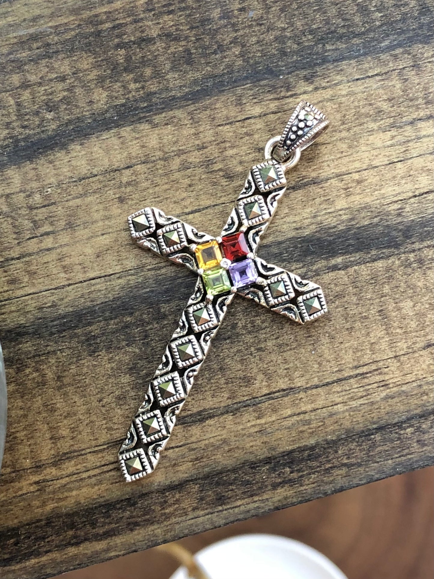 Sterling Cross Multi-Stone Pendant
