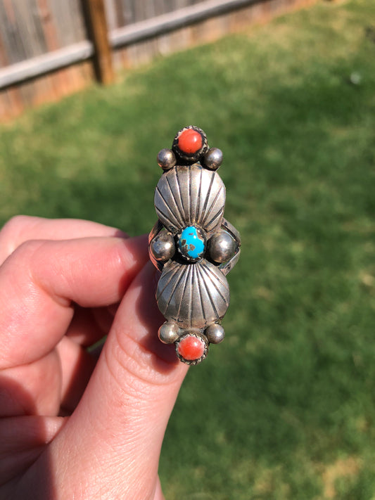 Vintage Sterling Silver Turquoise and Coral Ring
