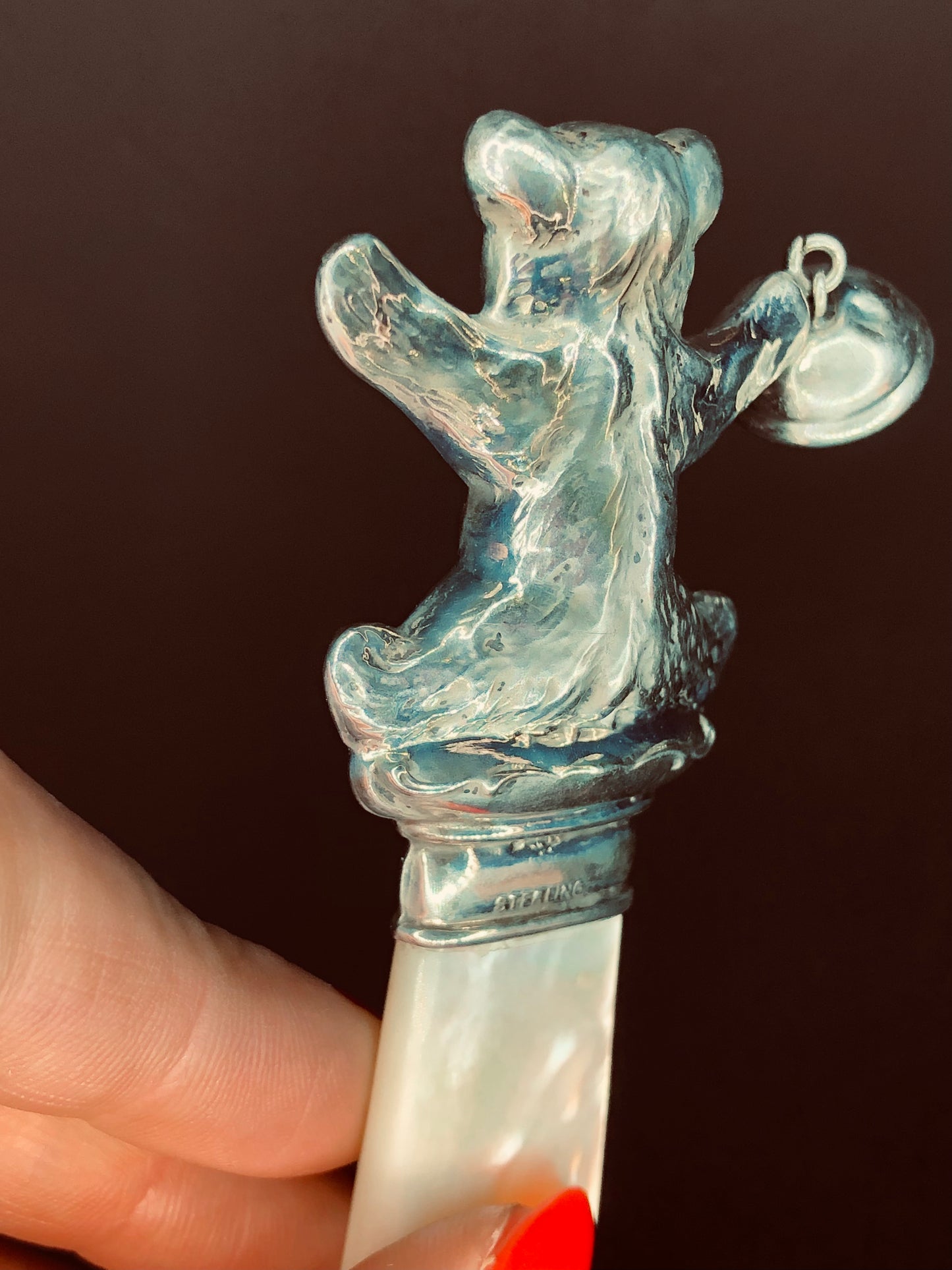 Vintage Sterling Silver Webster Co. Mother of Pearl Teddy Bear Rattle