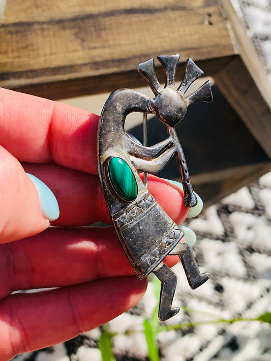 Old Vintage Sterling Silver Malachite Kokopelli Pin and Pendant