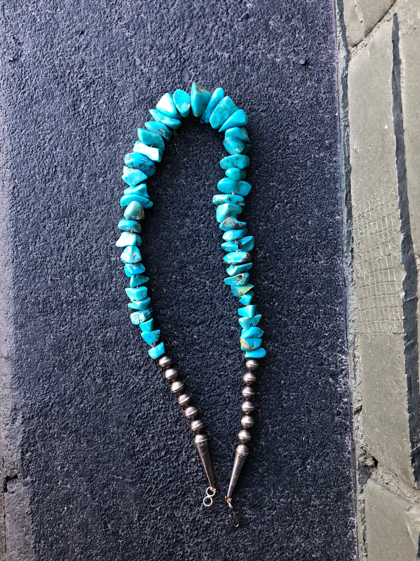Old Pawn Sterling Navajo Pearl Beads + Raw Turquoise Stone Necklace
