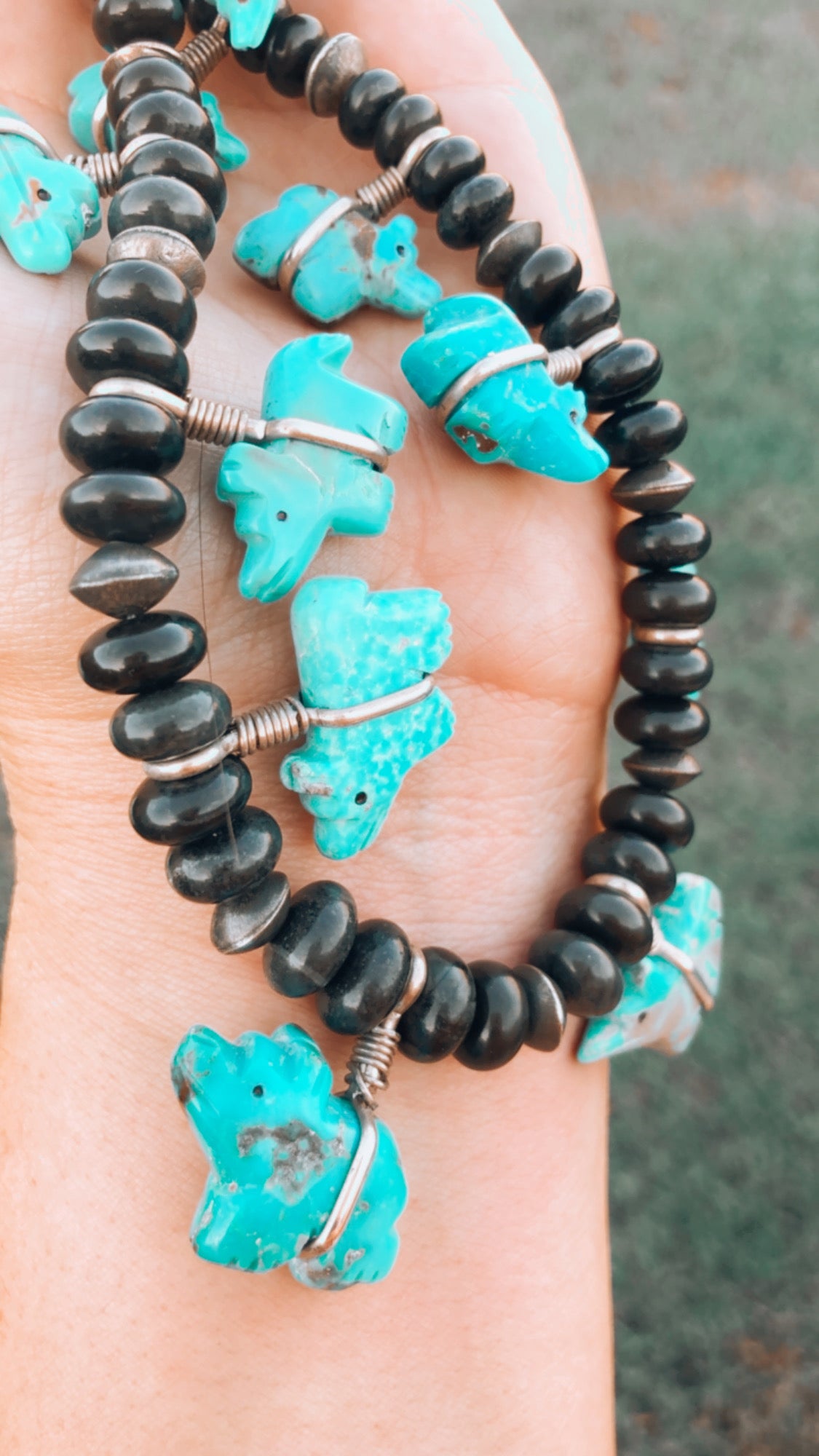 AMAZING Old Vintage Pawn Turquoise Bear + Black Stone Beads + Navajo Bead Adjustable Necklace