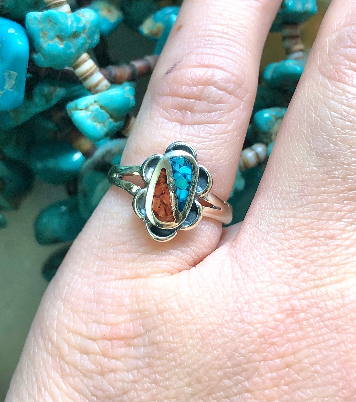 Sterling Coral and Turquoise Inlay Ring